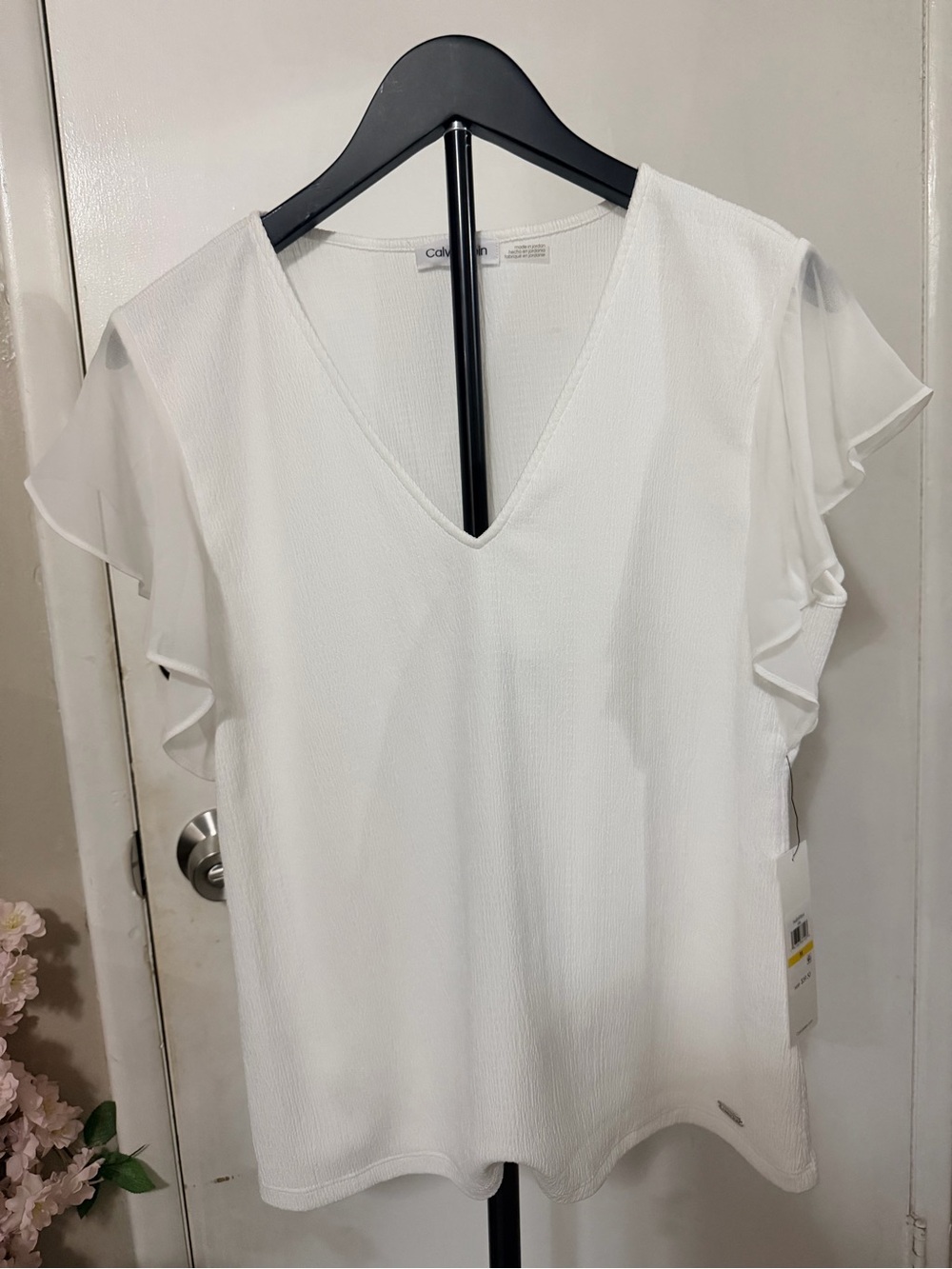 Calvin Klein White V-Neck Flutter Sleeve Blouse